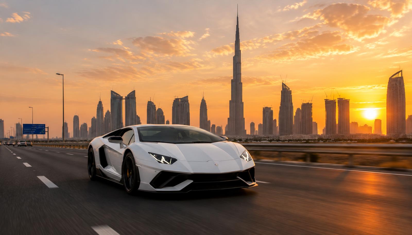 Car on a Dubai road at sunset