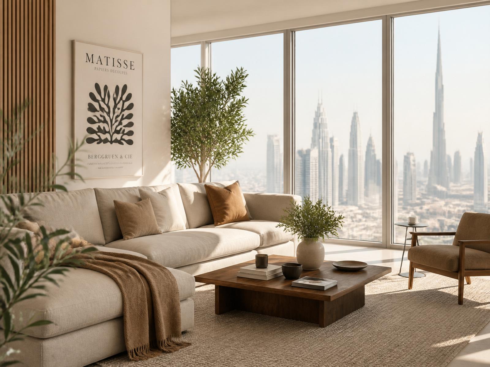 Furnished apartment living room with a view of the Dubai skyline